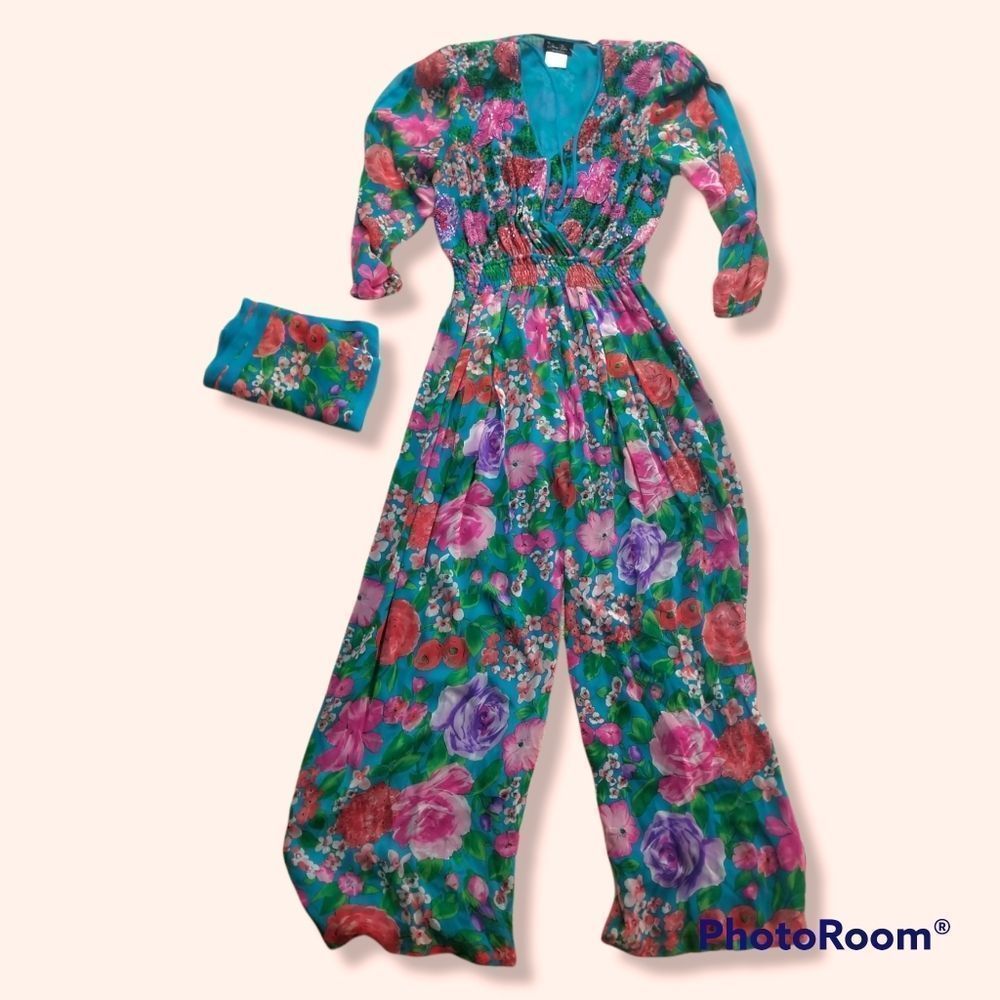 Rare Vintage 80's Diane Freis 100% Silk Floral Flowy Jumpsuit w/ Matching Scarf